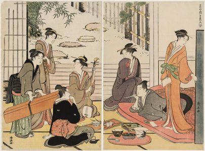 Torii Kiyonaga: A Party in an Open Room Overlooking a Garden, from the series Contest of Contemporary Beauties of the Pleasure Quarters (Tôsei yûri bijin awase) - Museum of Fine Arts