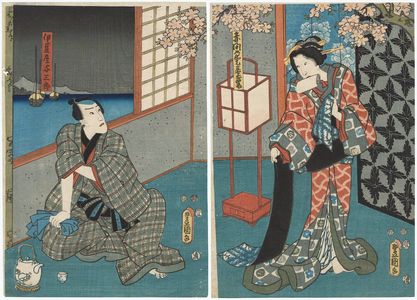 歌川国貞: Actors Onoe Kikugorô IV as Akama's Mistress (Aishô) Otomi (R) and Ichikawa Danjûrô VIII as Izuya Yosaburô (L) - ボストン美術館