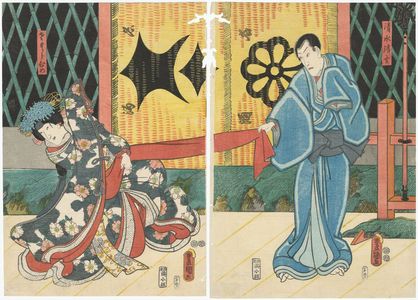 歌川国貞: Actors Ichikawa Danjûrô VIII as Kiyomizu Seigen (R) and Iwai Kumesaburô III as Sakura-hime (L) - ボストン美術館