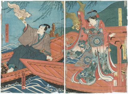 Utagawa Kunisada: Actors Bandô Shûka I as Miyuki, later Asagao (R), and Ichikawa Danjûrô VIII as Miyagi Asojirô (L) - Museum of Fine Arts