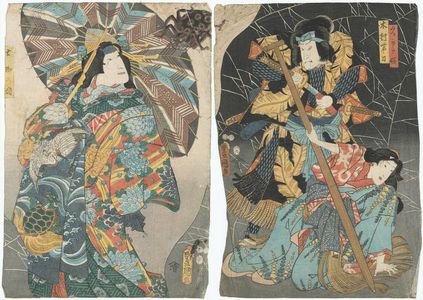 Utagawa Kunisada: Actors Iwai Kumesaburô III as Hisakata-hime, Arashi Kichisaburô III as Kimura Tatewaki (R), and Nakamura Tomijûrô II as the Spirit of the Earth Spider (Tsuchigumo no sei) (L) - Museum of Fine Arts