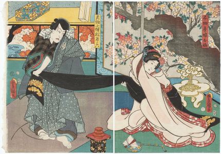 Utagawa Kunisada: Actors Iwai Kumesaburô III as Chigiriya's Daughter (Musume) Oume (R) and Ichikawa Kodanji IV as Tengu Kozô Matsuwaka no Roku (L) - Museum of Fine Arts