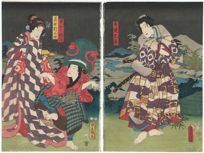 Utagawa Kunisada: Actors Bandô Shûka I as Shiranui Daijin (R), Arashi Wasaburô II as Kusakari Kamasaku, Arashi Rikaku II as Hananomura Chigusa (L) - Museum of Fine Arts