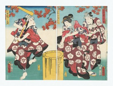 Utagawa Kunisada: Actors Ichikawa Komazô VII as Sangorô's brother Sankichi, Onoe Baikô IV as Sangorô's wife Ohana (R), Ichikawa Danjûrô VIII as Koganemochiya Sangorô (L) - Museum of Fine Arts