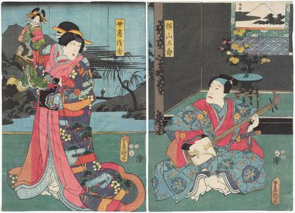 Utagawa Kunisada: Actors Nakamura Fukusuke I as Yokoyama Tarô (R), Nakamura Tomijûrô II as nyôbô Asaka (L) - Museum of Fine Arts