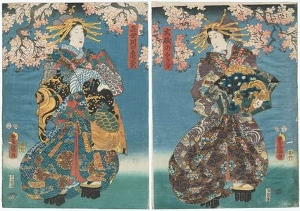 Utagawa Kunisada: Actors Iwai Kumesaburô III as Ôiso no Tora (R) and Nakamura Kamenojô I as Kisegawa no Kamegiku (L) - Museum of Fine Arts