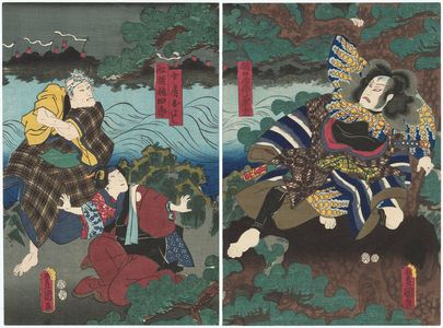 Utagawa Kunisada: Actors Nakamura Fukusuke I as Higuchi Jirô Kanemitsu (R), Onoe Kikujirô II as His Wife (Nyôbô) Oyoshi, and Seki Sanjûrô III as Boatman (Sendô) Gonshirô (L) - Museum of Fine Arts