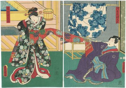 Utagawa Kunisada: Actors Onoe Kikugorô IV as Akogi Gennojô (R) and Onoe Kikujirô II as Hashimoto's Daughter (Musume) Ohaya (L) - Museum of Fine Arts