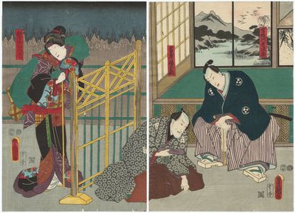 歌川国貞: Actors Nakamura Fukusuke I as Miyagi Asojirô, Seki Sanjûrô III as Fujiya Tokuemon (R), and Onoe Kikujirô II as the Blind Minstrel (Goze) Asagao (L) - ボストン美術館