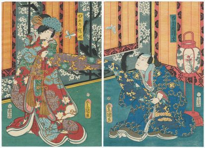 Utagawa Kunisada: Actors Kataoka Gadô II as the Dream Seigen (Yume no Seigen) (R) and Iwai Kumesaburô III as the Dream Sakura-hime (Yume no Sakura-hime) (L) - Museum of Fine Arts