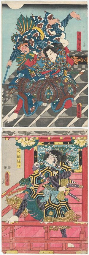 Utagawa Kunisada: Actors Bandô Shûka I as Inuzuka Shino, with Nakamura Kantarô I (?) (T), and Seki Sanjûrô III as Inukai Genpachi (B) - Museum of Fine Arts