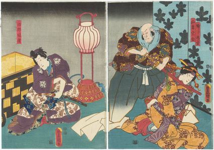 Utagawa Kunisada: Actors Onoe Kikujirô II as Fuji no kata, Nakayama Ichizô I as Yamana Sôzen (R), and Iwai Kumesaburô III as Jirô Kanja (L) - Museum of Fine Arts