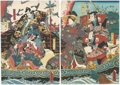 Utagawa Kunisada: Actors Arashi Kichisaburô III as Yawata Saburô, Ichikawa Kodanji IV as Ômi Kotôta, Iwai Kumesaburô III as Ôiso no Tora (R), Sawamura Chôjûrô V as Kobayashi Asaina, Ichikawa Ebizô V Kudô Saemon Suketsune (L) - Museum of Fine Arts