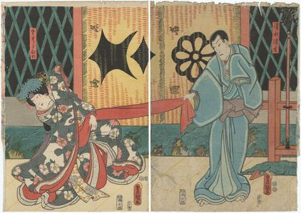 Utagawa Kunisada: Actors Ichikawa Danjûrô VIII as Kiyomizu Seigen (R), Iwai Kumesaburô III as Sakura-hime (L) - Museum of Fine Arts