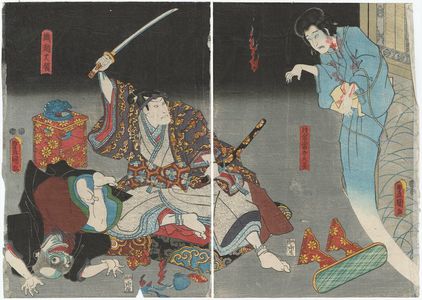 Utagawa Kunisada: Actors Ichikawa Kodanji IV as the Ghost of Asakura Tôgo (R) and Bandô Hikosaburô IV as Orikoshi Tairyô (L) - Museum of Fine Arts