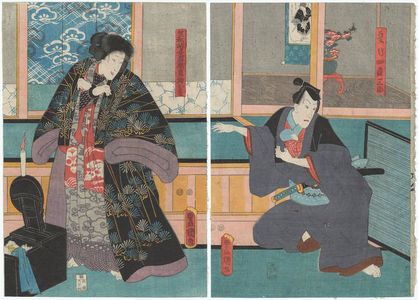 Utagawa Kunisada: Actors Ichikawa Danjûrô VIII as Natsume Shirosaburô (R), Bandô Shûka I as Kasamatsutôge, the Female Thief Kijin Omatsu (L) - Museum of Fine Arts