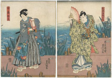 Japanischer Druck "Actors Ichikawa Kuzô II as Nikki Tamonnokami (R), Iwai Kumesaburô III as In'nanmi Kazuma (C), and Nakamura Utaemon IV as Yakko Sodesuke (L)" von Utagawa Kunisada, 歌川国貞 (Utagawa Kunisada I (Toyokuni III))