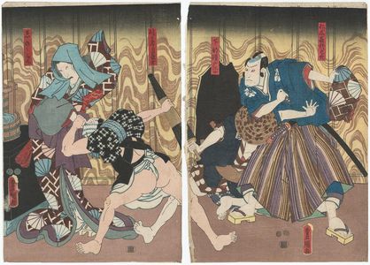 日本版画 "Actors Bandô Hikosaburô IV as Nikki Kiyonosuke, Ichikawa Kodanji IV as Shimobe Sumahei (R), Bandô Hikosaburô IV as Shimagaeri Chôkichi, Ichikawa Kodanji IV as Shinonome (L)" 由 Utagawa Kunisada, 歌川国貞 (Utagawa Kunisada I (Toyokuni III)) 创作