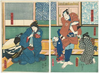 Utagawa Kunisada: Actors Ichikawa Kodanji IV as Asakura Tôgo, with child actors as Tôtarô and Tôkichi (R), and Onoe Kikujirô II as His Wife (Nyôbô) Omine (L) - Museum of Fine Arts