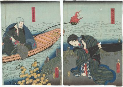 Utagawa Kunisada: Actors Iwai Kumesaburô III as Segawa, later Kiriyama's Mistress (Mekake) Yae (R), and Kataokoa Gadô II as Goiya Kyônosuke (L) - Museum of Fine Arts