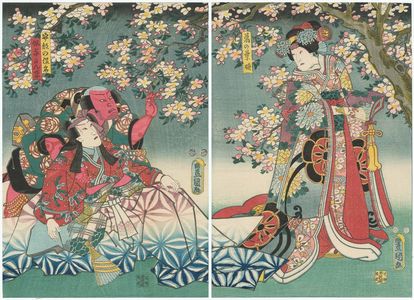 歌川国貞: Actors Arashi Rikan III as Kuzunoha-hime (R), Ichikawa Danjûrô VIII as Abe no Yasuna, and Arashi Rikan III as the Servant (Yakko) Yokanbei (L) - ボストン美術館