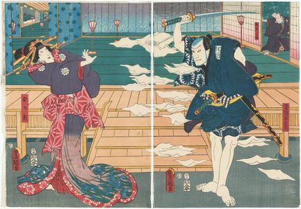 Utagawa Kunisada: Actors Bandô Hikosaburô IV as Teraoka Heiemon (R), Morita Kanya XI as Yuranosuke (in background), and Iwai Kumesaburô III as Okaru (L) - Museum of Fine Arts