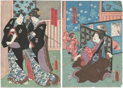 Utagawa Kunisada: Actors Arashi Rikan III as the Monkey Trainer (Sarumawashi) Owasa (R), Bandô Shûka I as Geisha Oshun, and Bandô Takesaburô I as Izutsuya Denbei (L) - Museum of Fine Arts