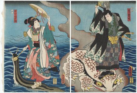 Utagawa Kunisada: Actors Ichikawa Danjûrô VIII as Jiraiya (R), Iwai Kumesaburô III as Inaka musume Otsuna (L) - Museum of Fine Arts