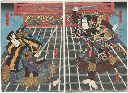 Utagawa Kunisada: Actors Arashi Rikan III as Takasago Yiminosuke (R), Ichikawa Danjûrô VIII as Ogata Jiraiya (L) - Museum of Fine Arts