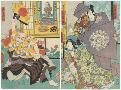 Utagawa Kunisada: Actors Ichikawa Danjûrô VIII as Shumeno Hangan, Iwai Kumesaburô VIII as Tamaori-hime (R), and Ichikawa Ebizô V as Renshô hôshi (L) - Museum of Fine Arts