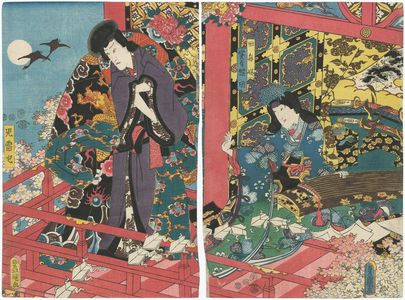 歌川国貞: Actors Iwai Kumesaburô III as Tagoto-hime, actually Teruta (R), and Ichikawa Danjûrô VIII as Jiraiya (L) - ボストン美術館
