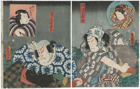 Utagawa Kunisada: Actors Iwai Kumesaburô III as Ohan (inset), Kataoka Gadô II as Akogino Heiji (R), Seki Sanjûrô III as Hiragawara Jirozô, and Kataoka Gadô II as Katsuragawa Chôemon (inset) (L) - Museum of Fine Arts