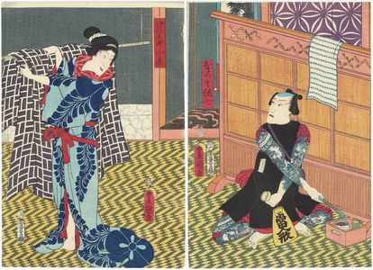 Utagawa Kunisada: Actors Ichikawa Danjûrô VIII as Omatsuri Sashichi (R), Bandô Shûka I as Geisha Koito (L) - Museum of Fine Arts
