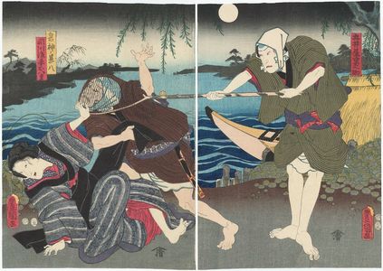 Utagawa Kunisada: Actors Kataoka Gadô II as Goiya Kyônosuke (R), Nakamura Tsuruzô I as Kijin no Jinpachi, Iwai Kumesaburô III as Segawa, later Mistress Oyae (L) - Museum of Fine Arts