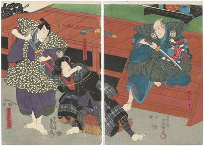 Utagawa Kunisada: Actors Ichikawa Kuzô II as Hayami Ichigaku (R), Bandô Shûka I as Kasamatsutôge Female Thief Omatsu, Arashi Kichisaburô III as Natsume Shirosaburô (L) - Museum of Fine Arts
