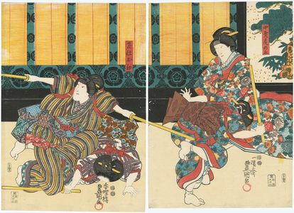 Utagawa Kunisada: Actors Onoe Kikujirô II as Chûrô Onoe (R) and Iwai Kumesaburô III as the Servant (Meshitsukai) Ohatsu (L) - Museum of Fine Arts