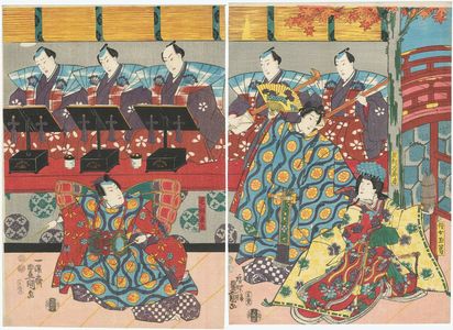 Utagawa Kunisada: Actors Onoe Kikujirô II as Jijo Tamakazura, Iwai Kumesaburô as Ashikaga Jirôkimi (R) and Bandô Takesaburô I as Ashikaga Yoshihisa (L) - Museum of Fine Arts