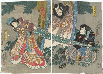 歌川国貞: Actors Matsumoto Kinshô I as Haradamaru Naotoshi, Matsumoto Kôshirô V as a Painting (R), and Iwai Kumesaburô III as Shiranui-hime (L) - ボストン美術館