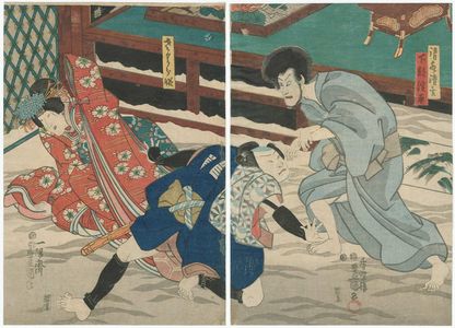Utagawa Kunisada: Actors Ichikawa Danjûrô VIII as Kiyomizu Seigen, Arashi Rikaku III as Shimobe Yodohei (R), Iwai Kumesaburô III as Sakura-hime (L) - Museum of Fine Arts