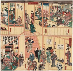 Utagawa Kunisada: Backstage and Dressing Rooms (Odori keiyô gakuya no zu), above; Backstage at a Newly Opened Theater (Odori keiyô nikai-iri no zu), below - Museum of Fine Arts