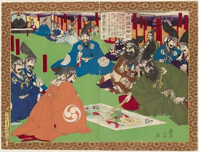 Utagawa Toyonobu: Hideyoshi (upper l.) and his generals Kato Kiyomasa (r.) and Konishi Yukinaga (l.) studying a map of Korea, from the series Newly Selected Records of the Taikô Hideyoshi (Shinsen Taikôki) - Museum of Fine Arts