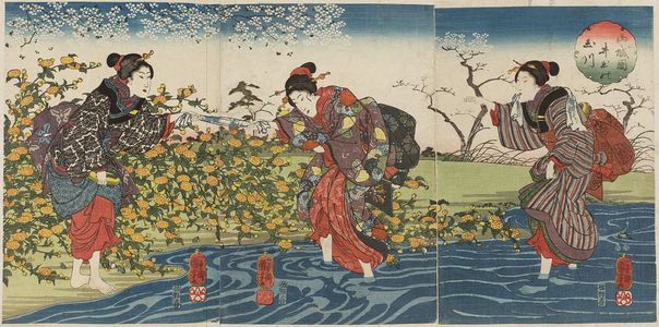 Japanischer Druck "The Ide Jewel River in Yamashiro Province (Yamashiro [no] kuni Ide no Tamagawa), from an untitled triptych series of Six Jewel Rivers (Mu Tamagawa)" von Utagawa Kuniyoshi, 歌川国芳 (Utagawa Kuniyoshi)