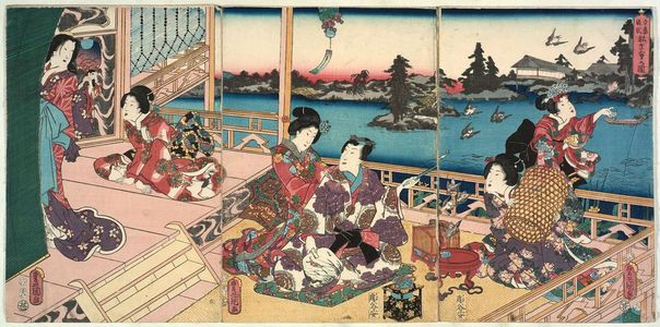 Utagawa Kunisada: Eastern Genji Performing the Ritual of Freeing Living Things (Azuma Genji hôjô-e no zu) - Museum of Fine Arts