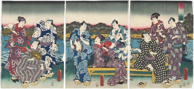 Utagawa Kunisada: Evening Scene on the Sumida River (Sumidagawa yûkei): Actors Bandô Takesaburô I, Ichikawa Dannosuke V?, Arashi Rikan III (R); Arashi Kichisaburô III, Iwai Kumesaburô III, Kataoka Gadô II (C); Ichikawa Kodanji IV, Nakamura Fukusuke I, Onoe Kikujirô II (L) - Museum of Fine Arts