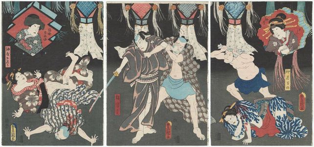 Utagawa Kunisada: Actors Iwai Kumesaburô III as Aburaya Okon, Nakayama Ichizô I as Nakai Manno, Nakamura Aizô I as ? (R), Kataoka Gadô II as Fukuoka Mitsugi, ? as ? (C), Ichikawa Kodanji IV as Oba Omine, Ôtani Tokuji II as Aburaya Oshika,? as ? (L) - Museum of Fine Arts
