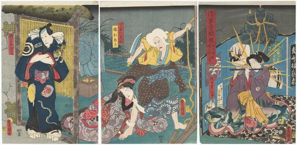 歌川国貞: Actors Iwai Kumesaburô III as an Avatar of Kannon (Kanzeon no keshin) (R), Ichikawa Kodanji IV as the Hag of the Lonely House (Hitotsuya no Rôjo), Bandô Shûka I as Her Daughter (Musume) Oasa (C), and Kataoka Gadô II as Hinokino Kuma no Hamanari (L) - ボストン美術館