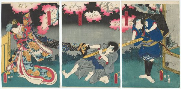 Utagawa Kunisada: Actors Nakamura Shibajaku I as Shimobe Yodohei (R), Kataoka Gadô II as Seigen Dôshin (C), and Iwai Kumesaburô III as Sakura-hime (L) - Museum of Fine Arts