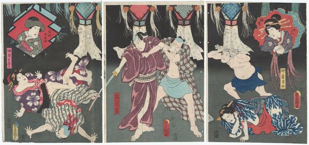 歌川国貞: Actors Iwai Kumesaburô III as Aburaya Okon (inset), Nakayama Ichizô I as Nakai Manno, Nakamura Aizô I in an unidentified role (R), Kataoka Gadô II as Fukuoka Mitsugi (C), Ichikawa Kodanji IV as Oba Omine (inset), and Ôtani Tokuji II as Aburaya Oshika (L) - ボストン美術館