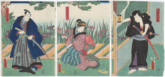 Utagawa Kunisada: Actors Arashi Kichisaburô III as Akabori Mizuemon (R), Nakamura Daikichi III as Jûzaemon's Mistress (Mekake) Okura (C), and Kataoka Gadô II as Miki Jûzaemon (L) - Museum of Fine Arts