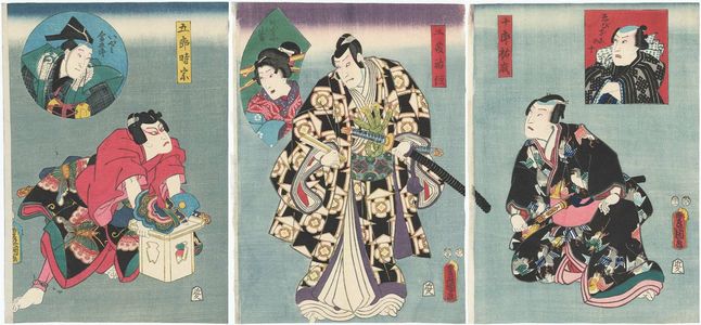 Utagawa Kunisada: Actors Kawarazaki Gonjûrô I as Ebizako no Jû (inset, R) and Gorô Tokimune (L); Bandô Hikosaburô V as Jurô Sukenari (R) and Iyami Kingorô (inset, L); Bandô Kamezô I as Kudô Suketsune (C), and Onoe Kikugorô V as Ômiya Kofuji (inset, C) - Museum of Fine Arts